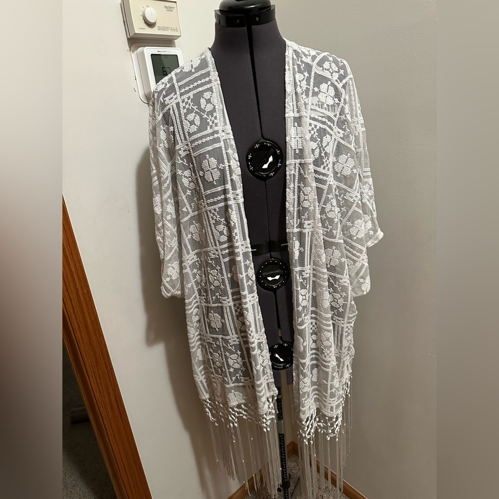Torrid Boho Floral Embroidered Fringe Trim Long Lined Kimono Cardigan Sheer